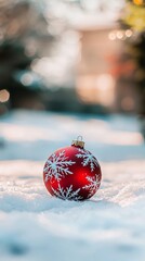 The red Christmas ornament rests on white snow and evokes the festive and winter holiday spirit.