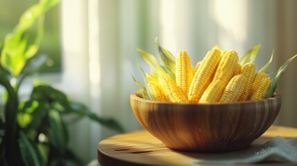 fresh corn in kernels and on the cob in a wooden plate Generative AI