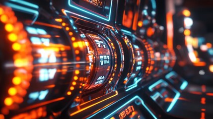 Aufkleber - Futuristic slot machines illuminate the casino floor with vibrant lights as the reels spin, inviting players to try their luck. Generative AI