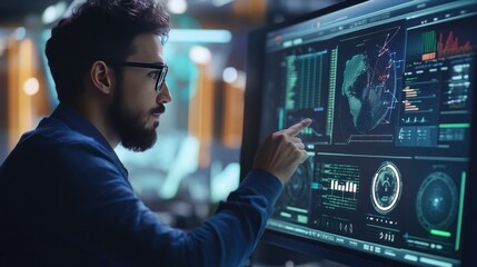 Wall Mural - a technology consultant working on business automation systems, demonstrating solutions on a futuris
