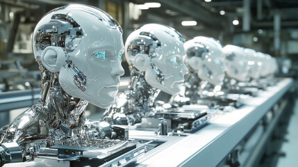 Futuristic sci-fi image depicting a row of humanoid robots in a factory