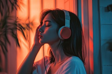 Para wanita muda ini berbaring di ruang rumah sakit, menikmati musik melalui headphonenya. generative ai