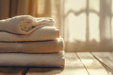 Fototapete - A stack of clean white towels rests on a wooden surface, bathed in gentle sunlight streaming through a bright curtain. Generative AI