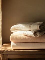 Leinwandbilder - A stack of neatly folded towels in soft colors sits on a wooden table, illuminated by warm sunlight coming through a window. Generative AI