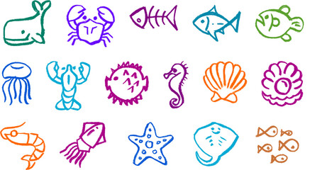 Wall Mural - fish sea animals icon crayon chalk drawing vector set
