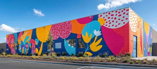 Wall Mural - a modern building with a colorful mural of flowers and abstract shapes.
