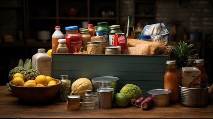 A wooden crate filled with various canned goods, bottles, and fresh produce sits on a wooden table in a kitchen setting.