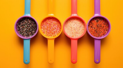 Close-up of measuring cups filled with a variety of vibrant, colorful sprinkles