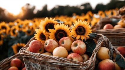 Wall Mural - A basket filled with red and yellow apples and sunflowers in a field during sunset, surrounded by a blurred background of more sunflowers.