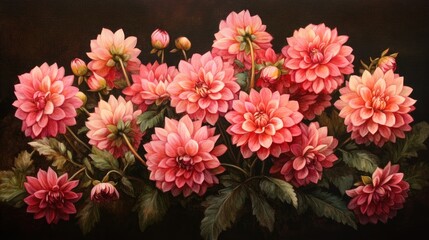 Poster - A vibrant collection of pink dahlias bursts with color against a dark background, capturing the richness and elegance