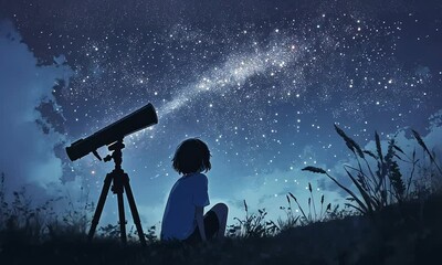 Wall Mural - stargazing with telescope under starry night sky illustration cartoon with ai generated.