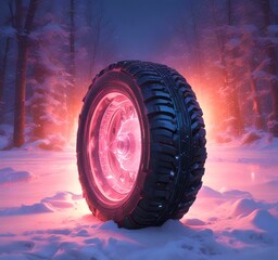 Illustration of winter tire with glowin effect and winter landscape.