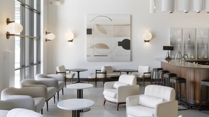 Wall Mural - A chic and inviting lounge space boasting a white canvas backdrop, Featuring tastefully arranged minimalist furnishings, Modern contemporary style