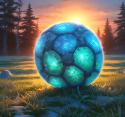 Wall Mural - Illustration of soccer ball on green field.