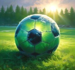 Illustration of soccer ball on green field.