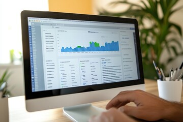 A person working on a computer, analyzing data on a screen showing charts and graphs.