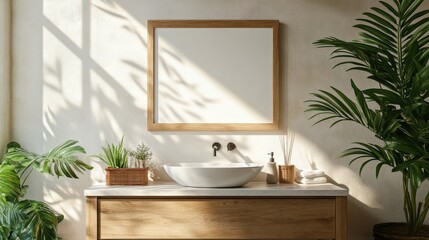 Bright bathroom with an empty frame above the vanity