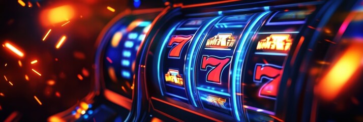Poster - Bright flashing lights illuminate the futuristic slot machines as the reels spin, enticing players to try their luck in the gaming hall. Generative AI