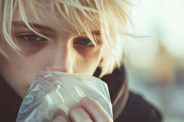 blonde teenage toxicoman inhaling substances from a plastic bag, urban background with blurred cityscape