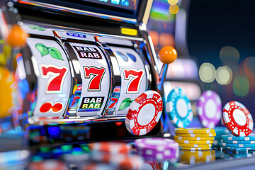 3D rendered slot machine close-up, screen animations