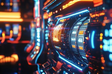 Fototapete - A vibrant row of stunning slot machines showcases spinning reels and a central jackpot symbol illuminating the gaming area. Generative AI