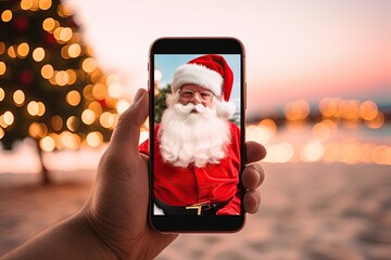 Santa Claus holding smartphone and taking selfie. Ai Generative