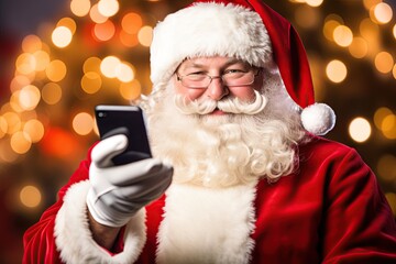 Santa Claus holding smartphone and taking selfie. Ai Generative