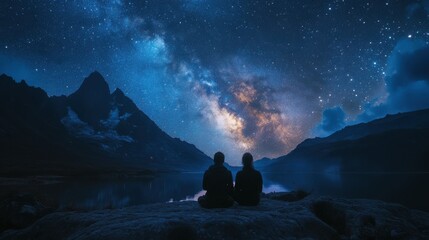 Wall Mural - couple stargazing on a remote island with a clear view of the milky way, 4k hyperrealistic photo