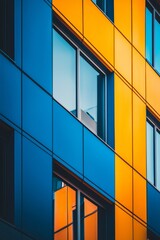 A close-up of the side profile facade of an office building, featuring vibrant colors like blue and orange on its exterior walls.