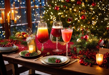 elegant arrangement festive beverages amidst charming seasonal decor vibrant colors textures, cocktail, drink, glass, cup, mug, decoration, ornament