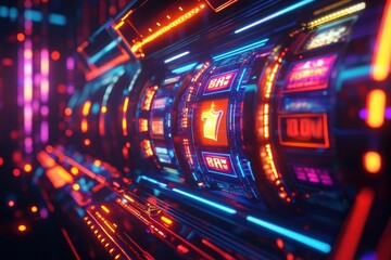 Aufkleber - A row of illuminated slot machines captivates players with spinning reels and glowing jackpot symbols at an advanced gaming venue. Generative AI