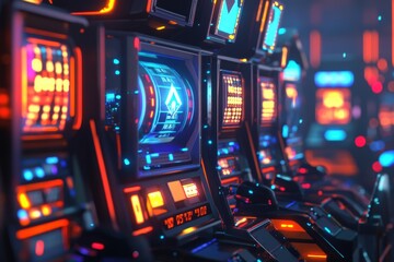 Aufkleber - A row of engaging slot machines glimmers with bright lights as the reels spin, showcasing a central jackpot symbol glowing brightly. Generative AI