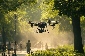 High-tech drone flying in a sunny park with people in background