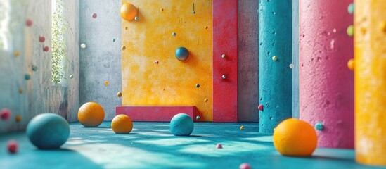 Wall Mural - colorful balls scattered in a room with blue, yellow, red and pink walls.