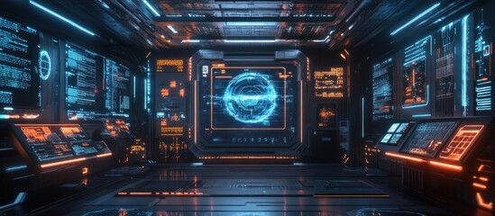 Wall Mural - Futuristic interior with glowing orange and blue screens and panels.
