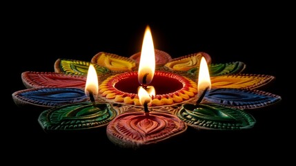 A beautifully crafted diya with vibrant colors glowing brightly during Diwali, symbolizing the triumph of light over darkness and good over evil