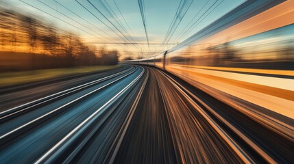 Fototapete - Dynamic Motion of Train on Curved Track at Sunset
