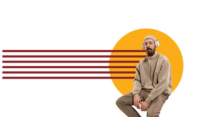 Portrait of bearded man wearing streetwear and headphones, seated against bold yellow and red abstract background. Concept of music, street fashion, urban lifestyle, technology. Copy space. Banner