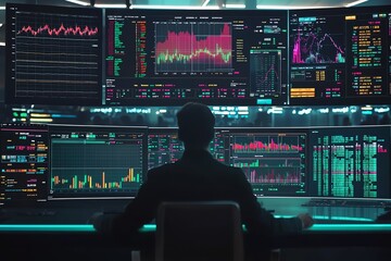 Wall Mural - Person analyzing data on multiple digital screens in a modern office environment.