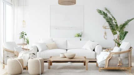 Aufkleber - A coastal retreat living room design adorned with a white canvas backdrop, Enhanced by minimalist furniture arrangements, Coastal retreat minimalist style