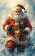 © Proud Art Shop - A cheerful Santa Claus strides through the snow, adorned in a classic red suit, carrying ornaments, embodying the spirit of holiday magic and joy.