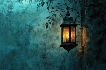 Poster - A Glowing Lantern on a Rough Blue Wall