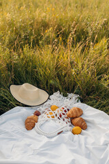 Serving a picnic with lemons, wine, a book among a field of yellow harvest grass for recreation