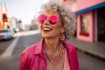 Close-up portrait of a beautiful smiling middle-aged woman with curly hair in pink sunglasses on the street