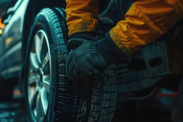Poster - A worker is changing a tire on a car while wearing gloves and a moisture-resistant jacket in wet conditions. Generative AI