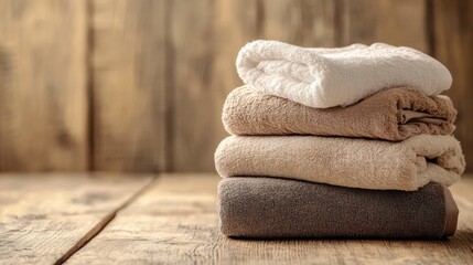 Fototapete - Fluffy towels in calming neutral shades are perfectly arranged on a wooden surface, adding a touch of warmth to the indoor space. Generative AI