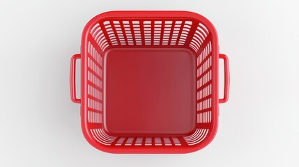 A red supermarket shopping cart viewed from the top. An empty basket for food products adorns the cart in photorealistic detail. A market trolley mockup. A single object isolated on white.