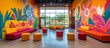 © GoDress - A colorful waiting area with a large window, colorful murals, and a bright, modern sofa.