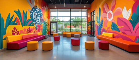 Wall Mural - a colorful waiting area with a large window, colorful murals, and a bright, modern sofa.