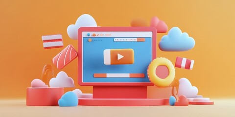 Colorful 3D rendering of a computer screen with media icons on an orange background.